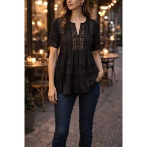 Maeve Anthropologie Black Short Sleeve Top‎ Tiered Crochet Lace Blouse Small